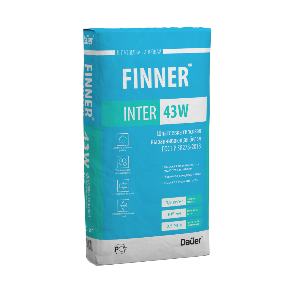 Изображение шпатлевка гипсовая выравнивающая finner enter 43 w белая 20 кг