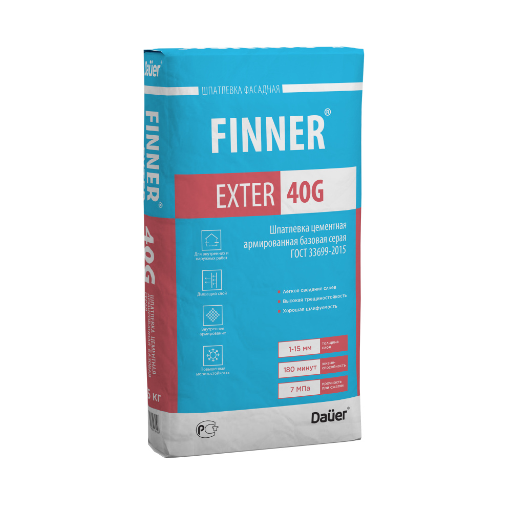 Изображение шпатлевка цементная армированная базовая finner exter 40 g серая 25 кг