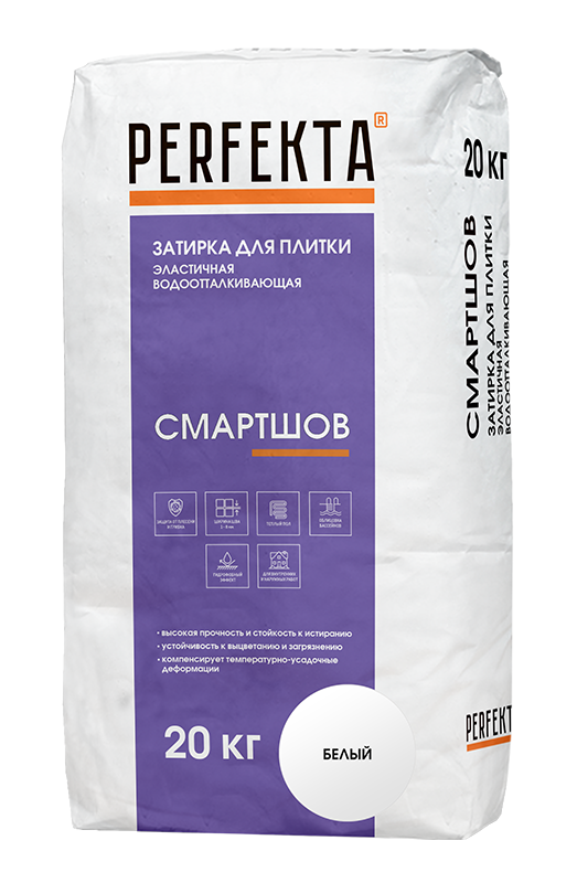 Изображение смартшов водоотталкивающая эластичная затирка perfekta белый 20 кг