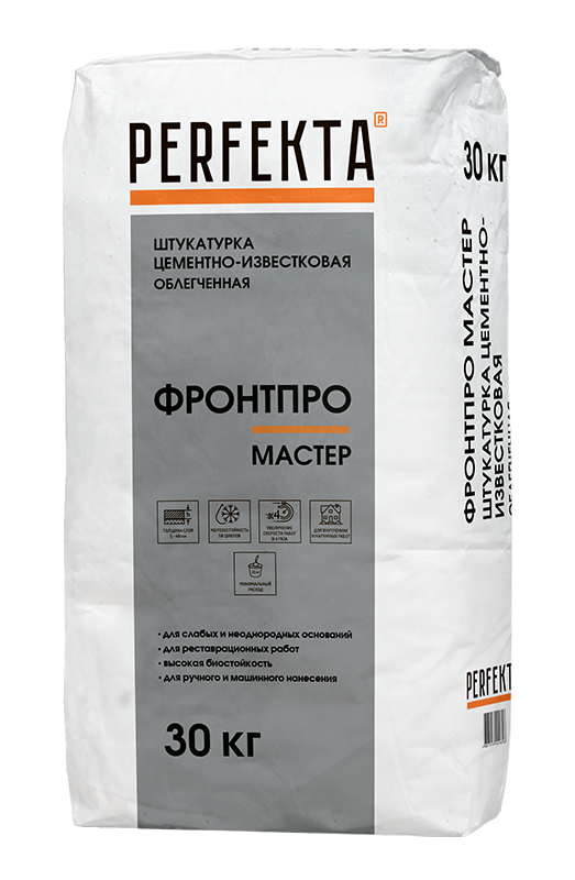 Изображение штукатурка облегченная цементно-известковая perfekta фронтпро мастер 30 кг 