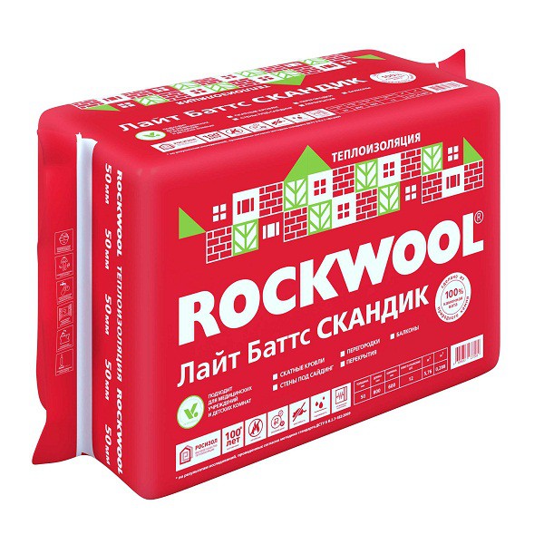 Изображение минераловатная плтита rockwool лайт баттс скандик 37 кг/м3 800х600х50 мм