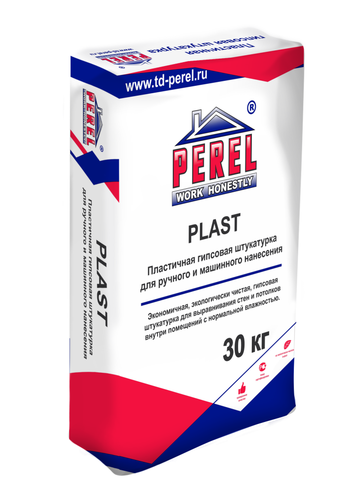 0527 PLAST Белая Штукатурка гипсовая, с увеличенным временем жизни раствора Perel  30 кг – 1