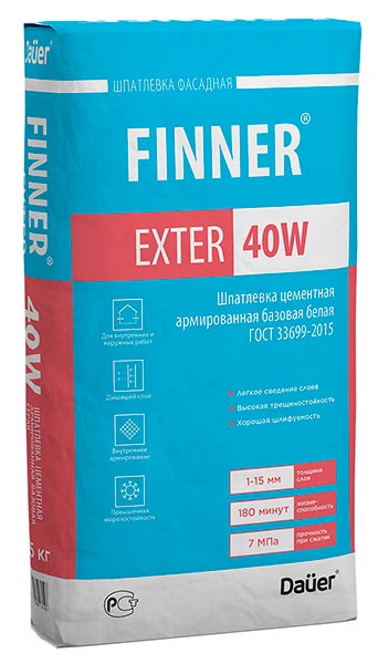 Изображение шпатлевка цементная армированная базовая finner exter 40 w зима белая 25 кг