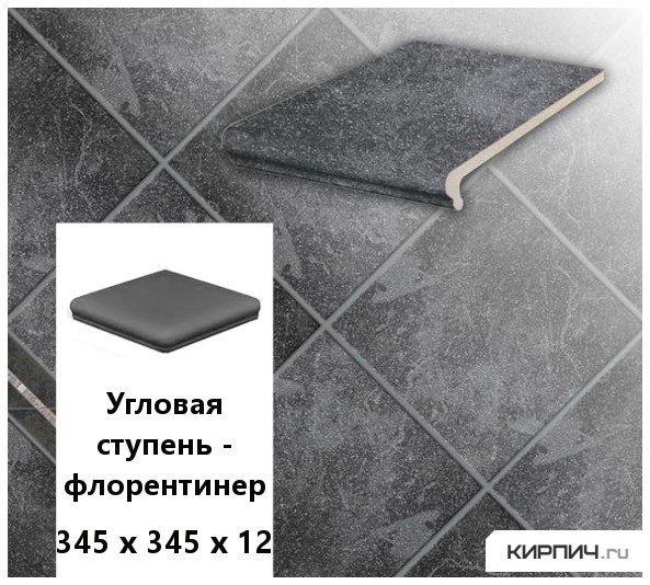 Изображение клинкерная угловая ступень -флорентинер stroeher keraplatte roccia 845 nero, 345х345х12 
