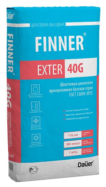 Изображение шпатлевка цементная армированная базовая finner exter 40 g зима серая 25 кг