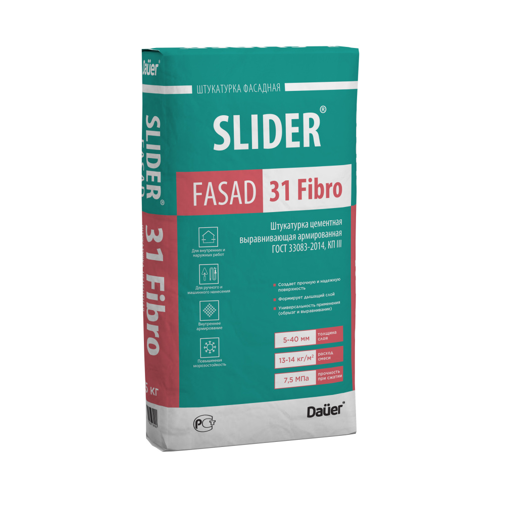 Изображение штукатурка цементная выравнивающая армированная slider* fasad 31 fibro зима dauer, 25 кг