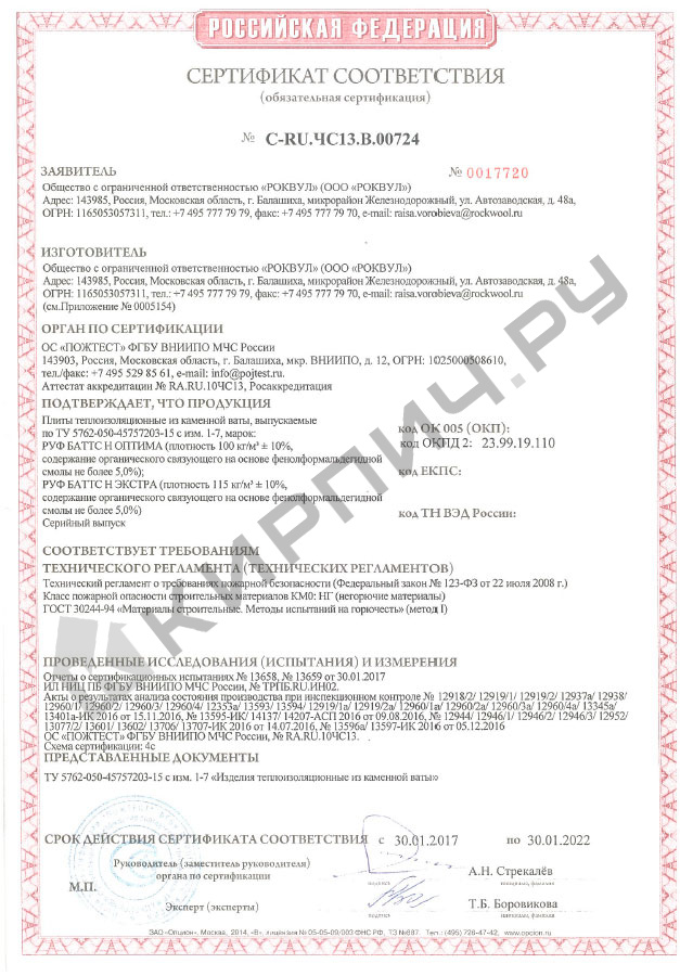 Фото сертификата на Минераловатная плтита Rockwool Руф Баттс Н 100 кг/м3 1000х600х150 мм