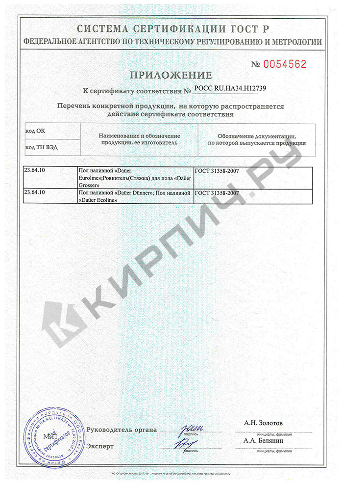 Фото сертификата на Ровнитель для пола высокопрочный Dauer GROSSER 25 кг