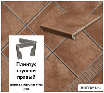Клинкерный плинтус ступени правый Stroeher KERAPLATTE AERA T 712 marone, длина стороны угла 290 , 294х73х8  – 1