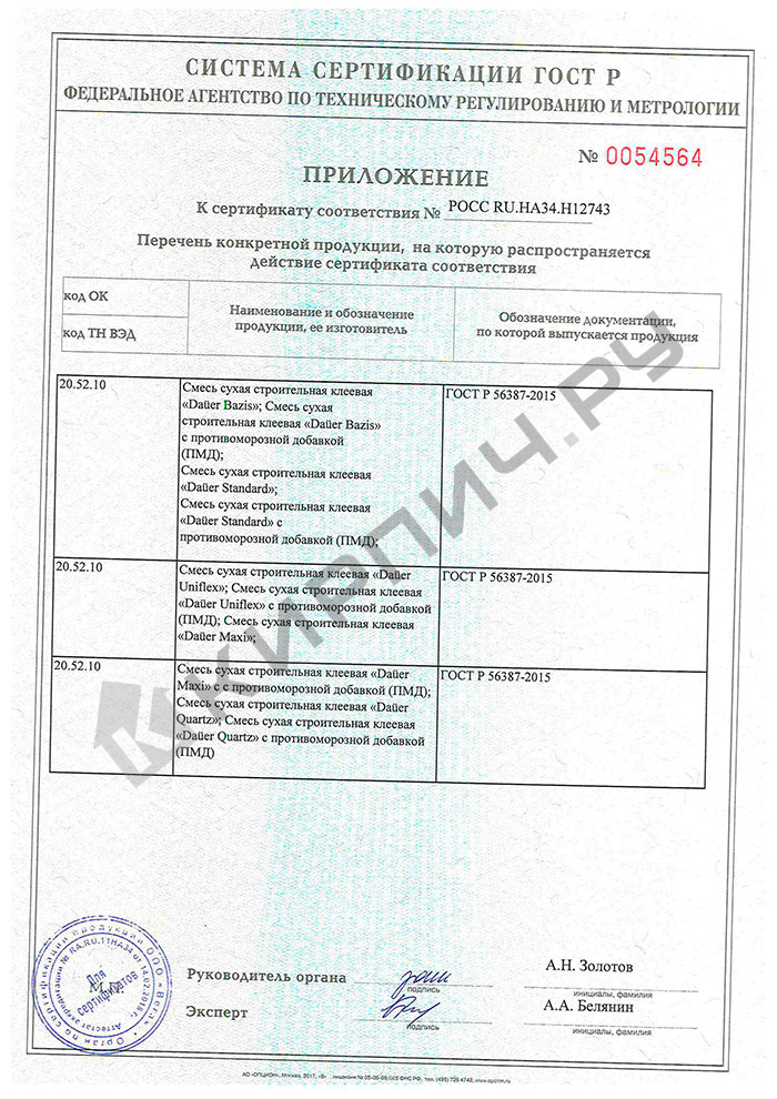Фото сертификата на Плиточный клей для керамогранита и декор.камня Uniflex DAUER 25 кг